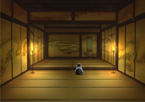 暗い座敷に座る太った灰色ネコ